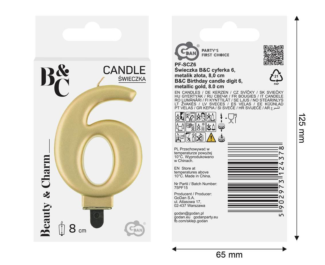 Birthday candle digit 6, metallic gold,  8.0 cm